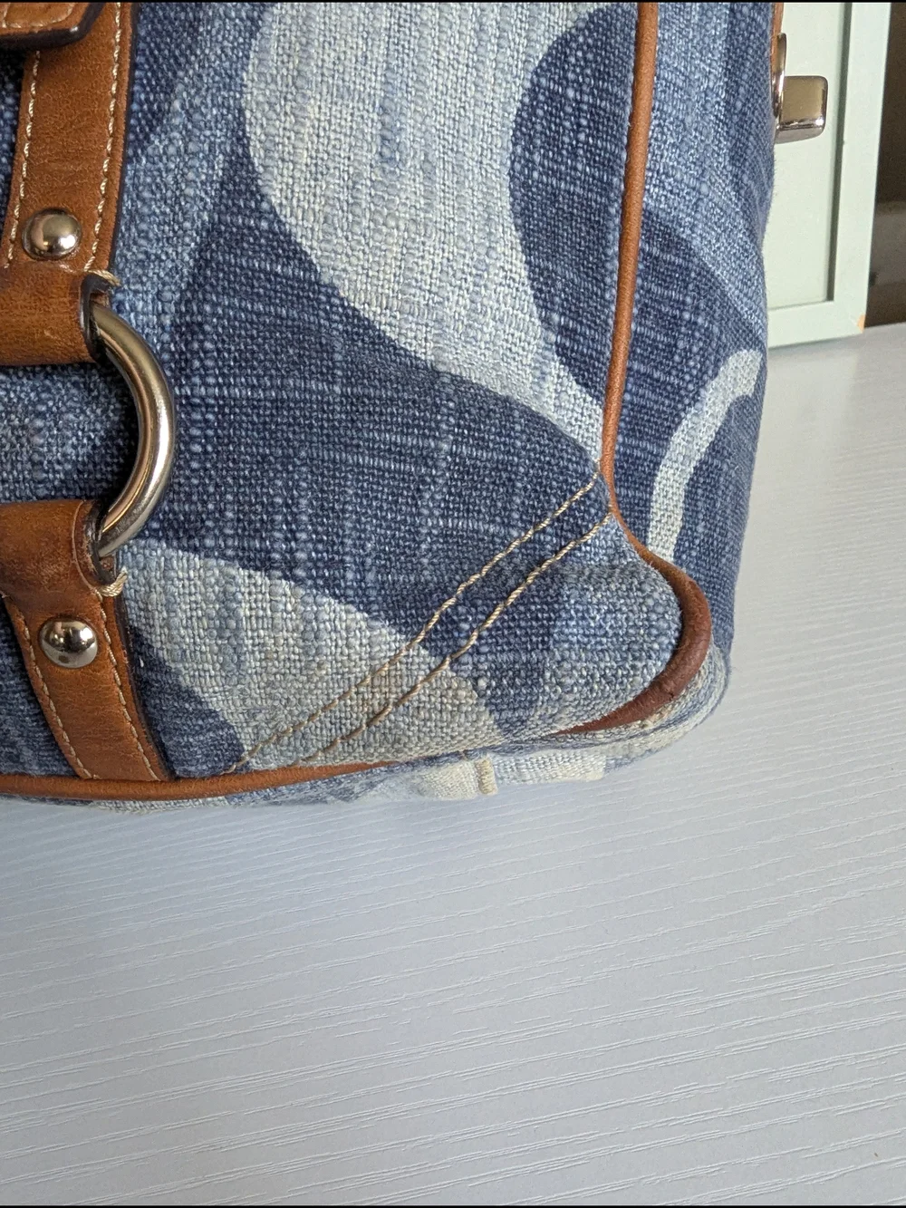 Coach Blue Pattern Logo Tote with Brown Trim